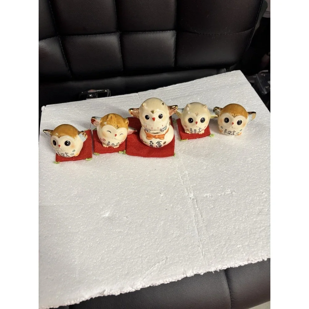 Vintage Yakushigama Japan Pottery Owls Set 5 Pcs Lucky Fukurou Fortune Decor⁠